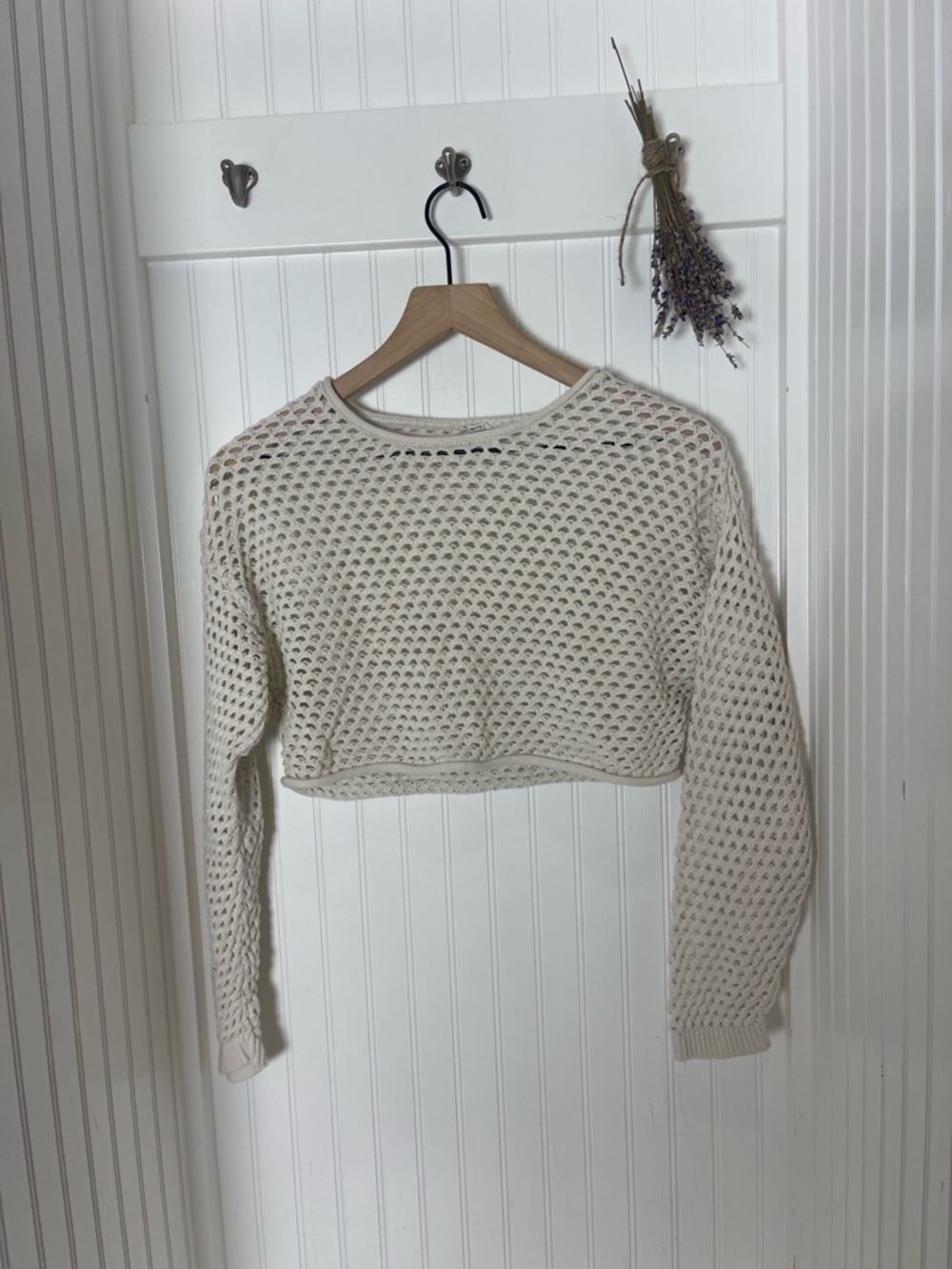 Garage  Cropped Open-Weave Knit Sweater — Cream